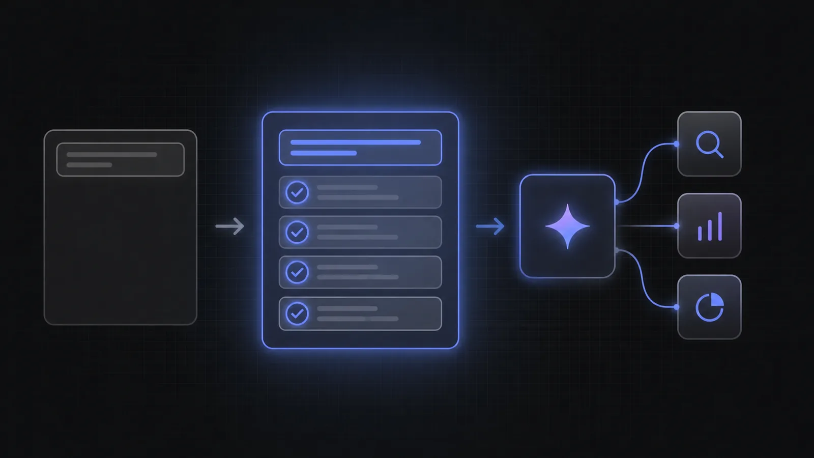 A short prompt becoming a four-part brief before reaching an AI agent and its tools