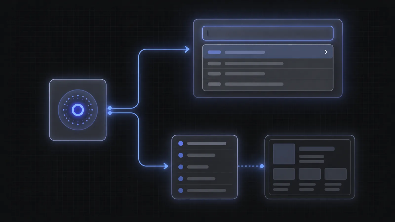 One autocomplete engine branching to a finished SDK interface and an API payload feeding a custom interface
