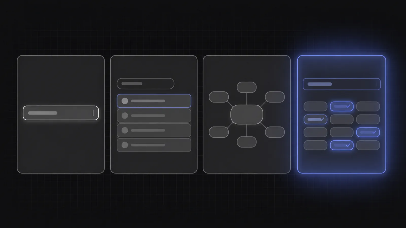 Four panels comparing text completion, live results, semantic retrieval, and structured intent capture