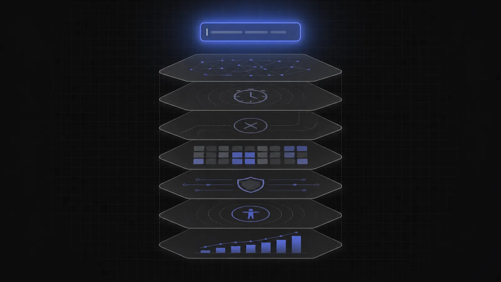 A small autocomplete box above seven stacked engineering layers required for a production system