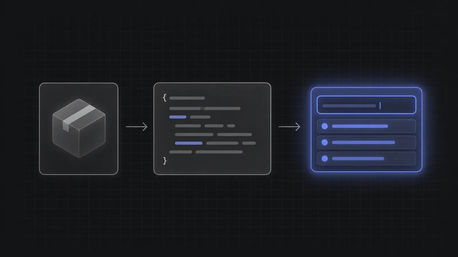 A three-step React installation moving from a package to a component and a finished autocomplete interface