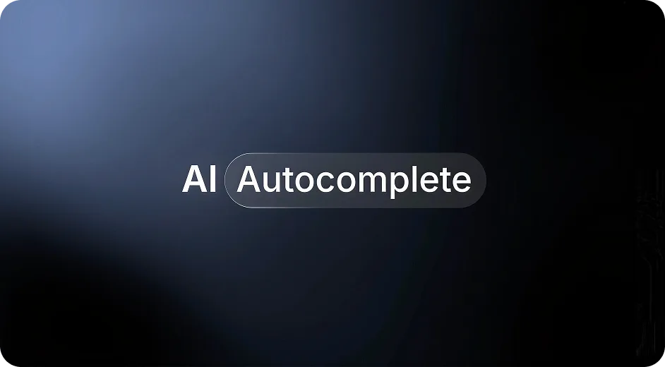 AI Autocomplete wordmark: the word AI beside Autocomplete in a glowing white pill on a dark blue gradient