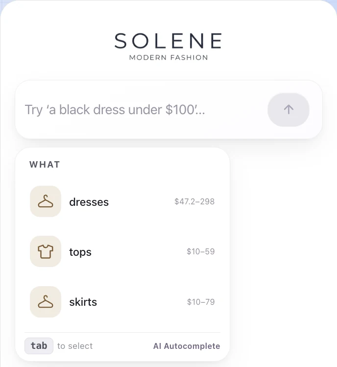 AI Autocomplete suggestions in a Shopify search box, showing product types with price ranges